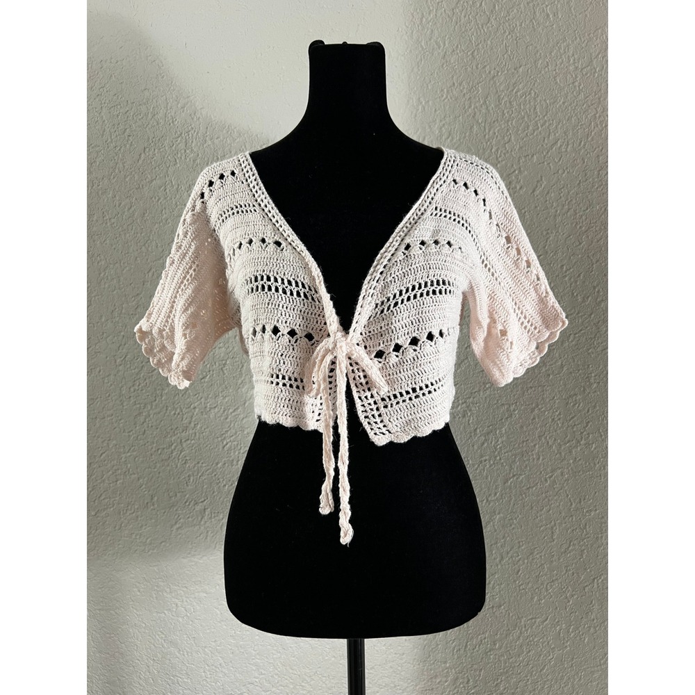 Vintage Pink Crochet Tie Front Cardigan Shrug Short Sleeve Pointelle Cottagcore